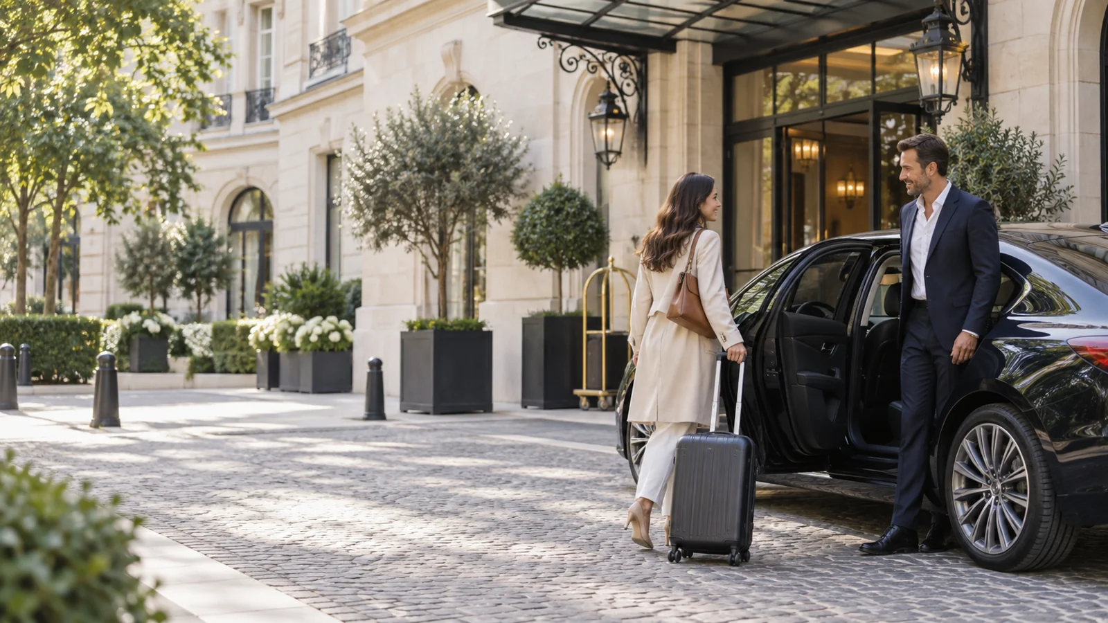 Chauffeur professionnel accueillant une passagère près de son véhicule