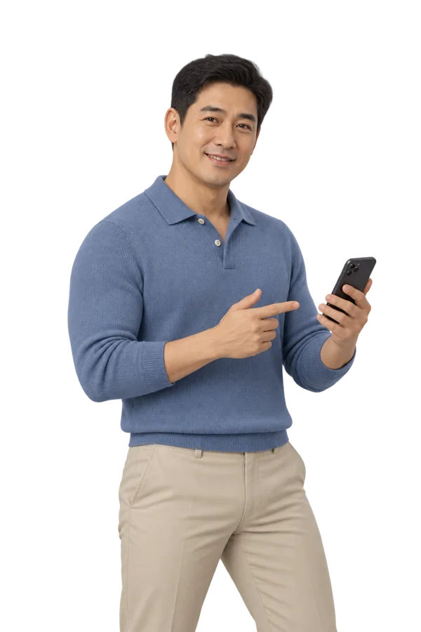Conseiller en polo bleu présentant son téléphone