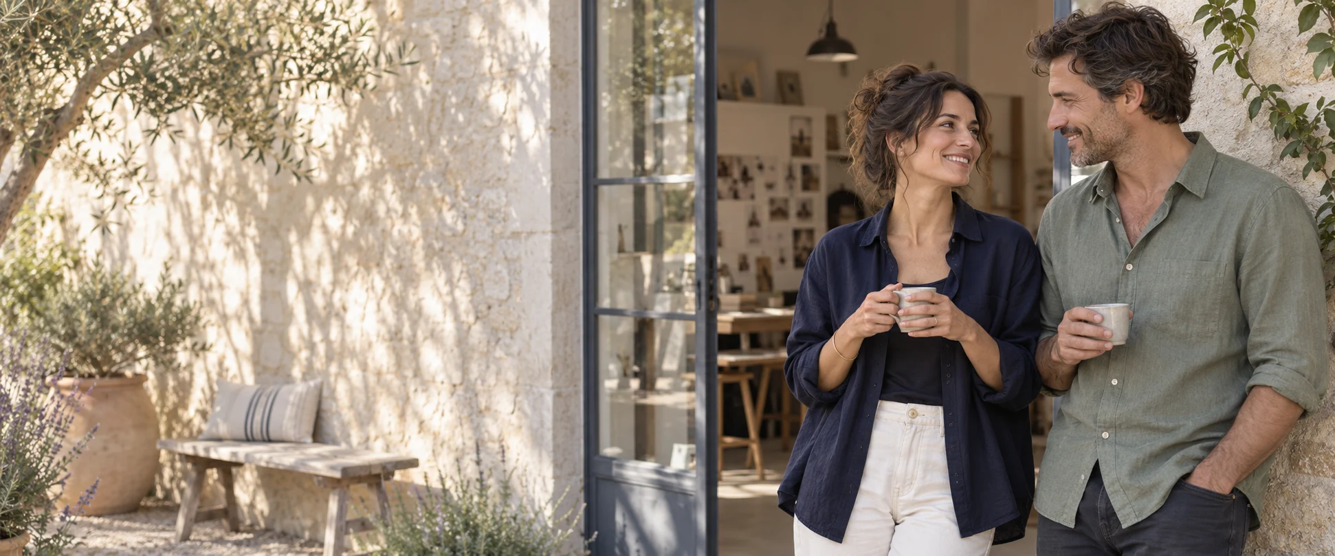 Une indépendante et son conjoint prennent une pause devant son atelier