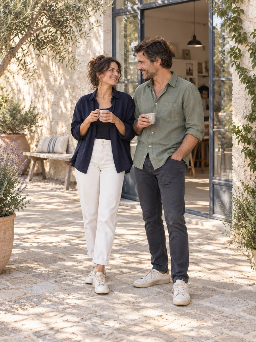 Un couple profite d’une pause devant un atelier indépendant