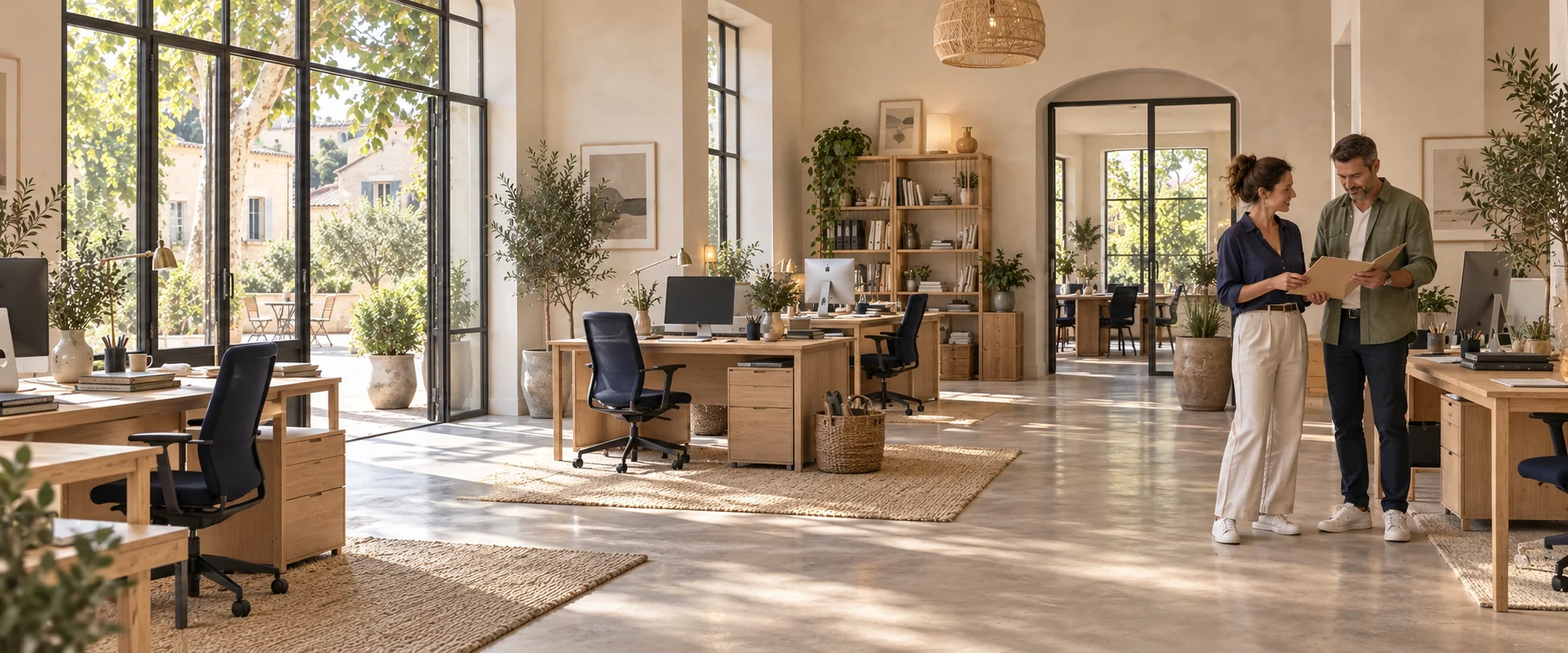 Deux professionnels échangent dans un bureau lumineux équipé de postes de travail