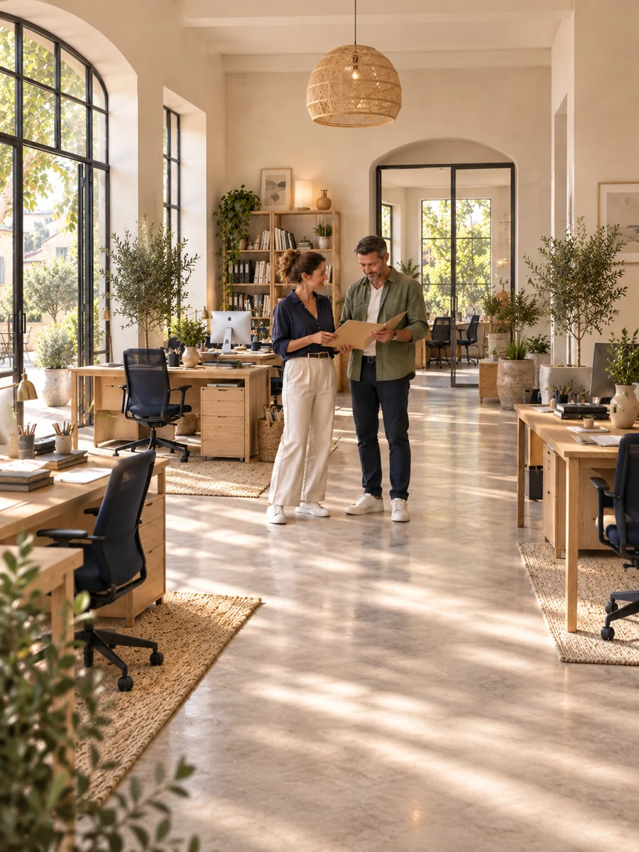 Un espace de bureaux avec ordinateurs, mobilier et dossiers
