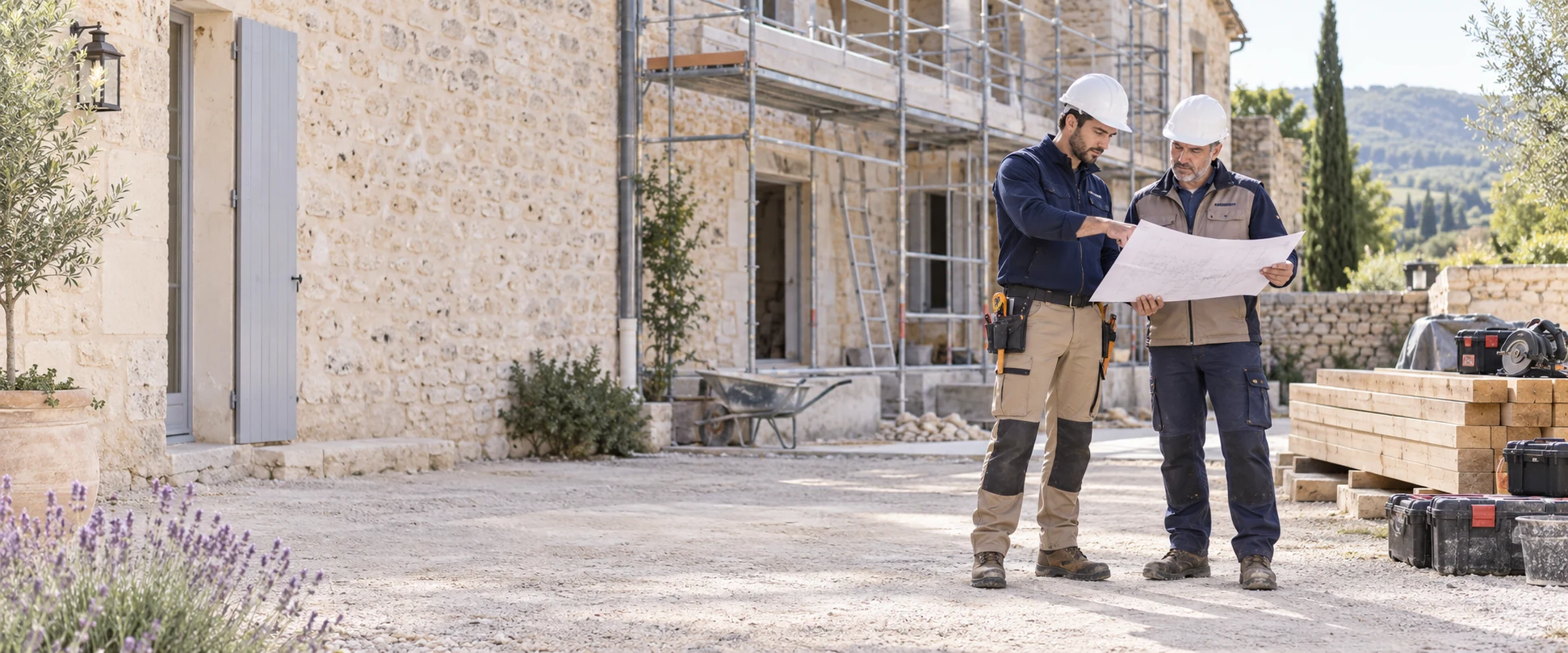 Deux artisans du bâtiment préparent leur intervention sur un chantier de rénovation