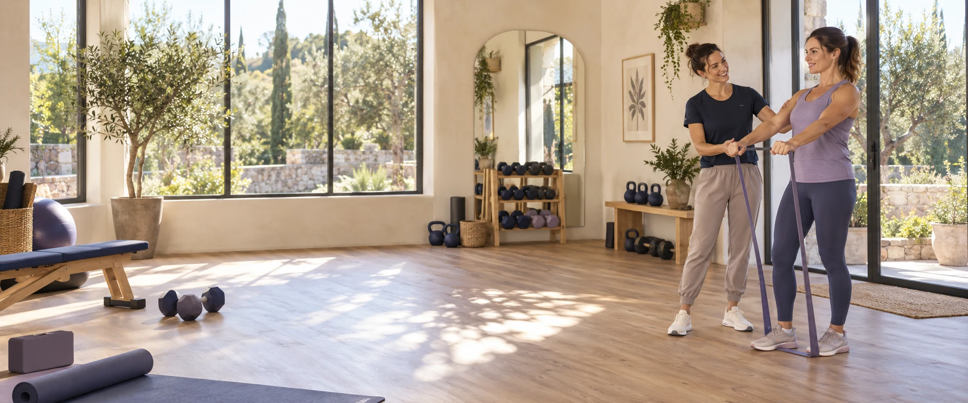 Une coach sportive accompagne une cliente pendant une séance dans un studio lumineux