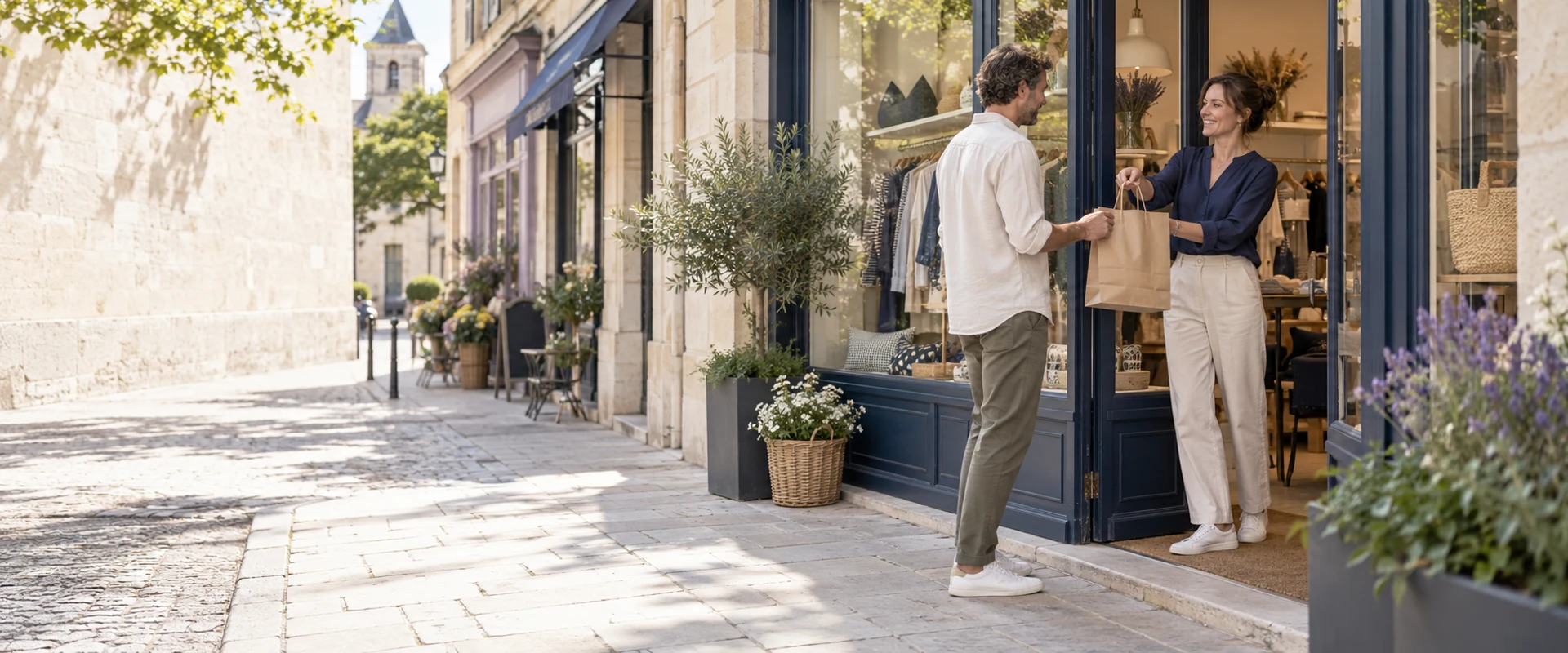 Une commerçante accueille un client devant sa boutique