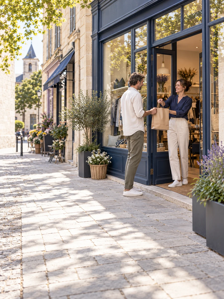 Une commerçante devant son commerce