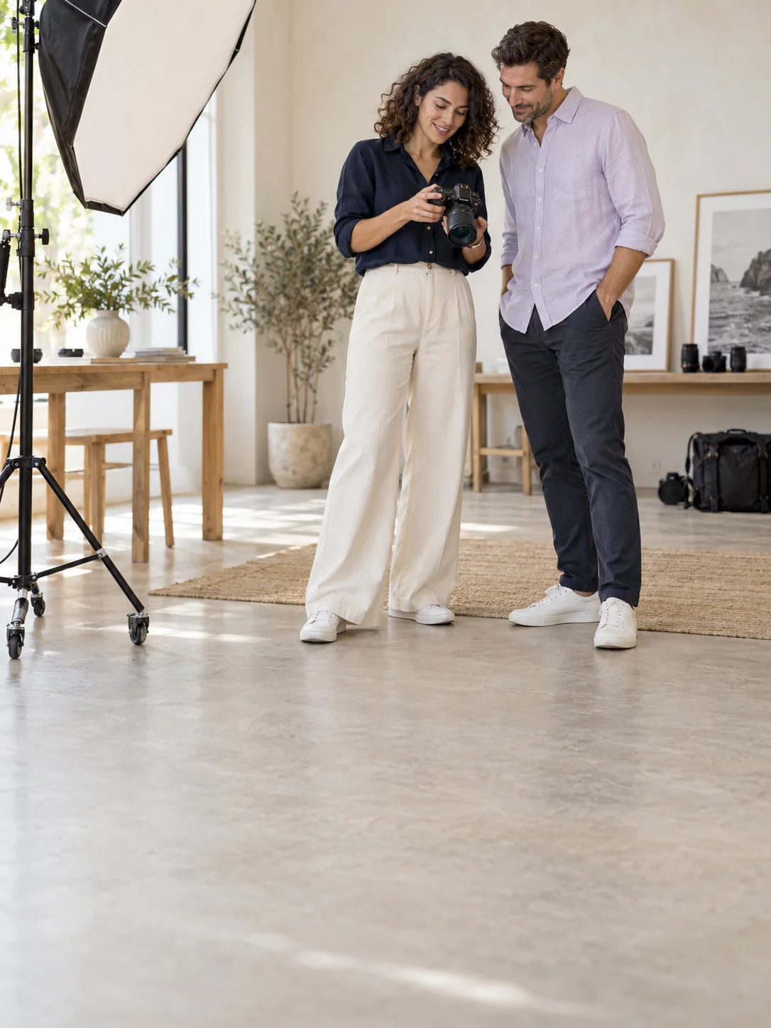 Photographe et client échangeant autour d’un appareil photo dans un studio