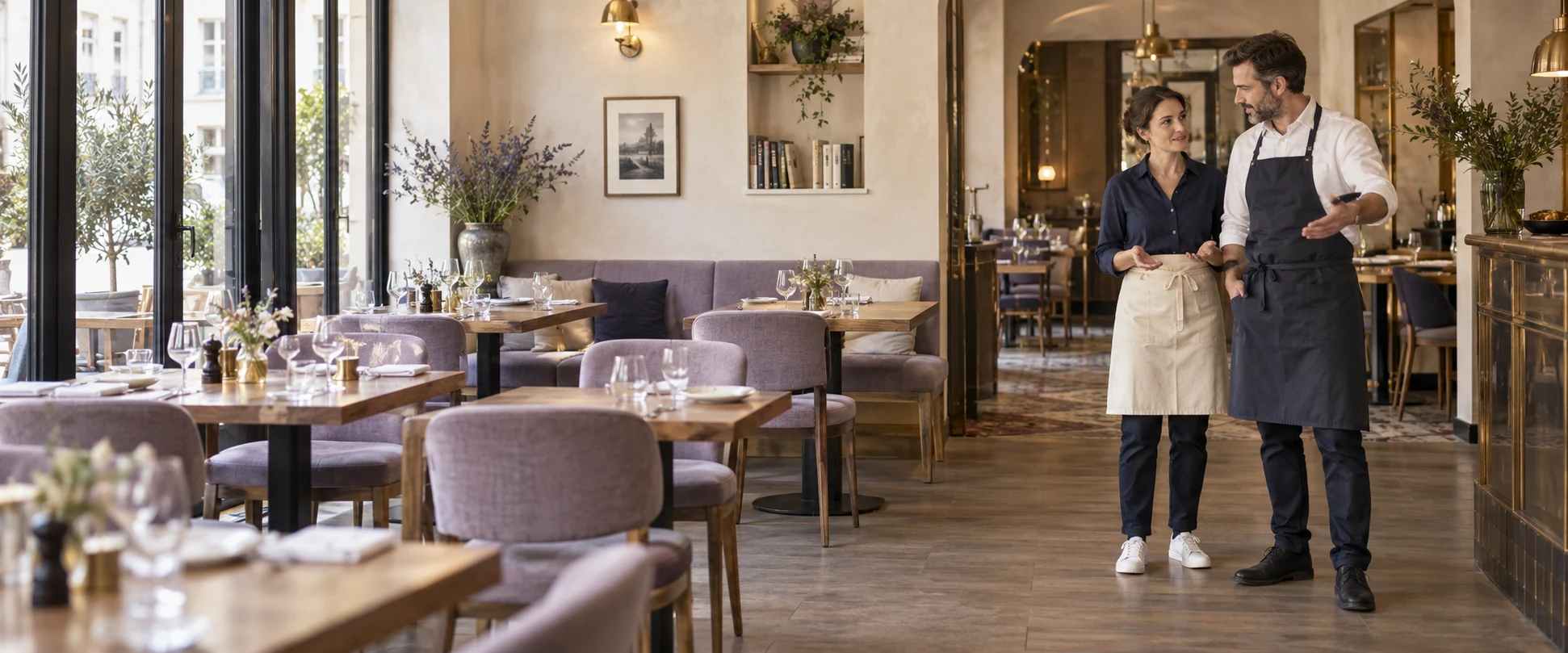 Deux restaurateurs préparent la salle de leur restaurant avant le service