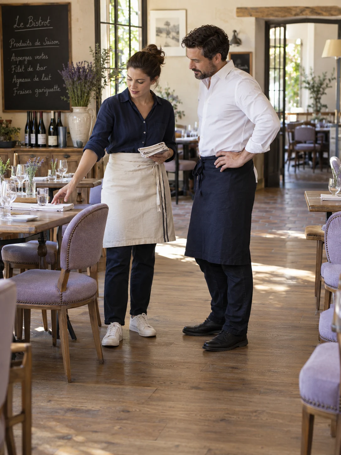 Restaurateurs préparant les tables de leur établissement
