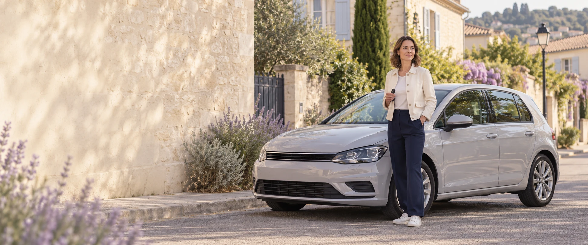 Une conductrice avec ses clés près de sa voiture stationnée