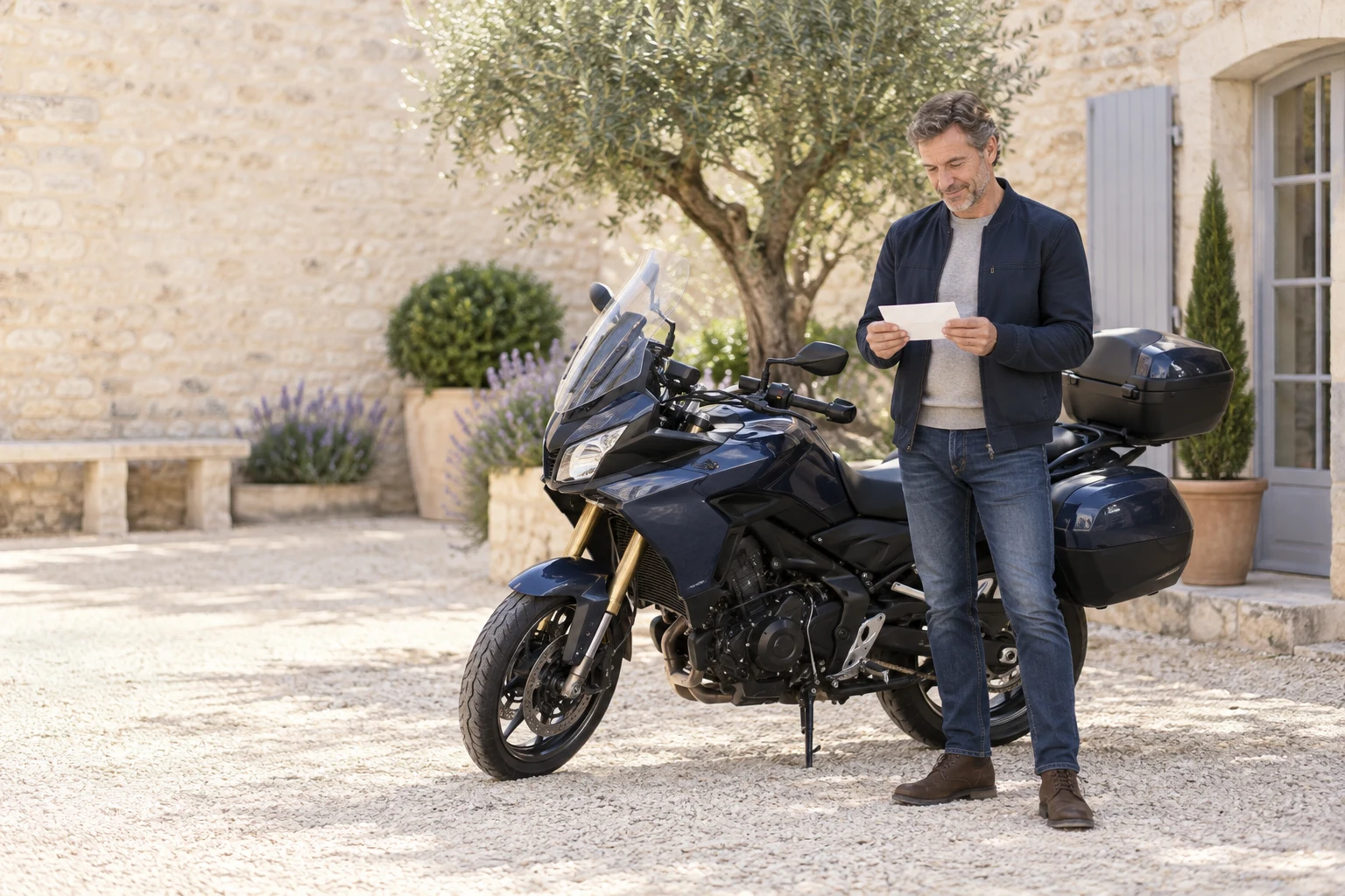 Un motard lit un courrier près de sa moto immobilisée