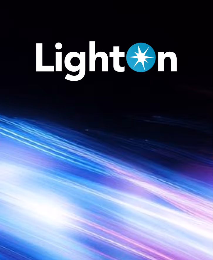The word 'Lighton' with the letter 'o' replaced by a blue circle containing a white star, over a background of diagonal blue, purple, and white light streaks.