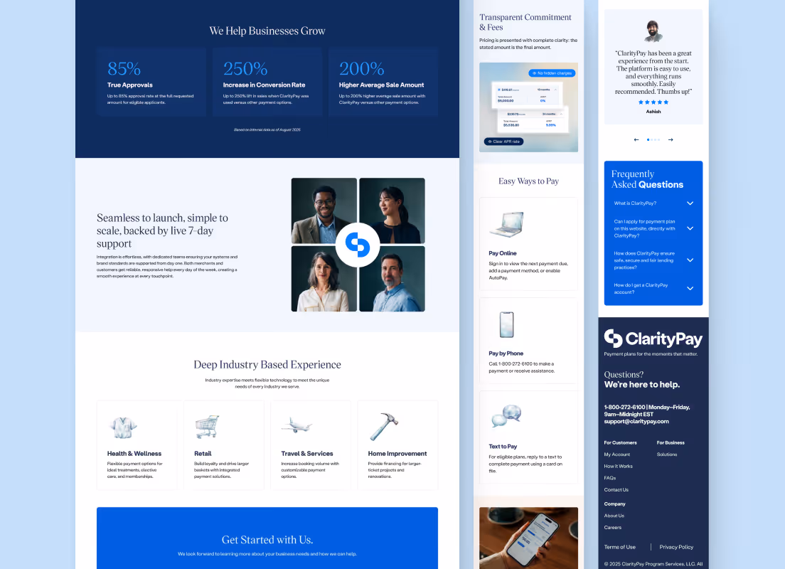 ClarityPay business growth stats, support info, industry expertise, payment options, customer testimonial, and contact details on a multi-section webpage layout.