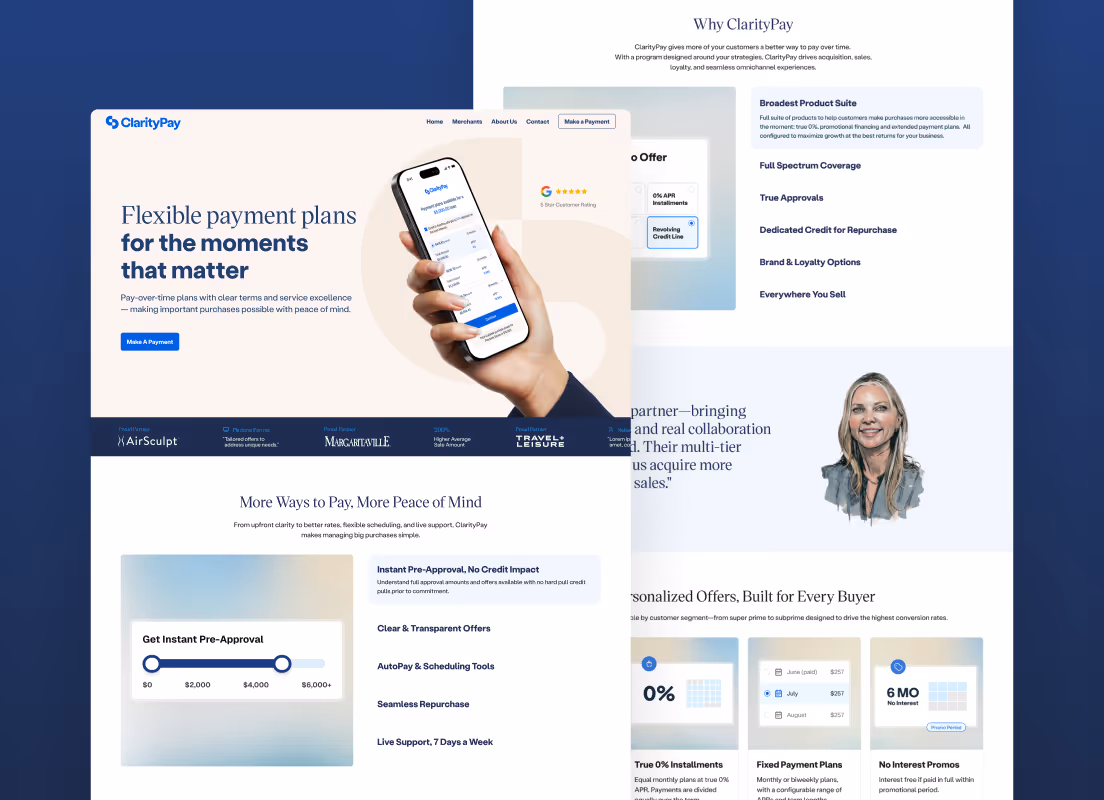 ClarityPay webpage showing flexible payment plans with a hand holding a phone displaying payment options, benefits like 0% APR and revolving credit line, instant pre-approval slider, and personalized offers for different buyer segments.