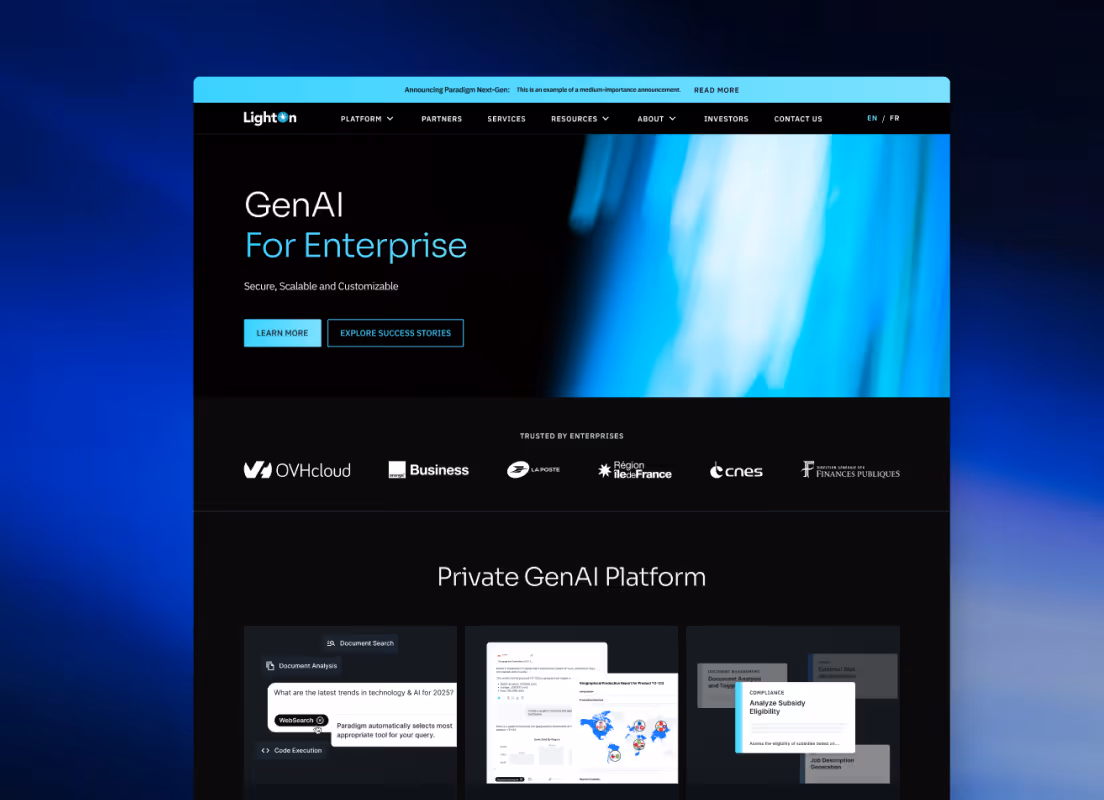 LightOn website homepage showcasing GenAI for Enterprise with options to learn more and explore success stories, trusted by enterprises, and highlighting a private GenAI platform.