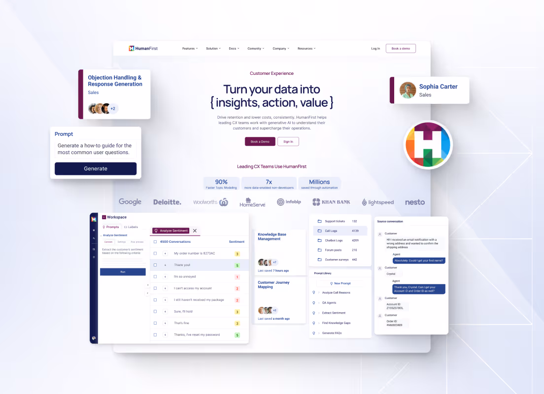 Website interface showcasing HumanFirst's customer experience platform with features like objection handling, sentiment analysis on conversations, knowledge base management, and source conversation chat display.