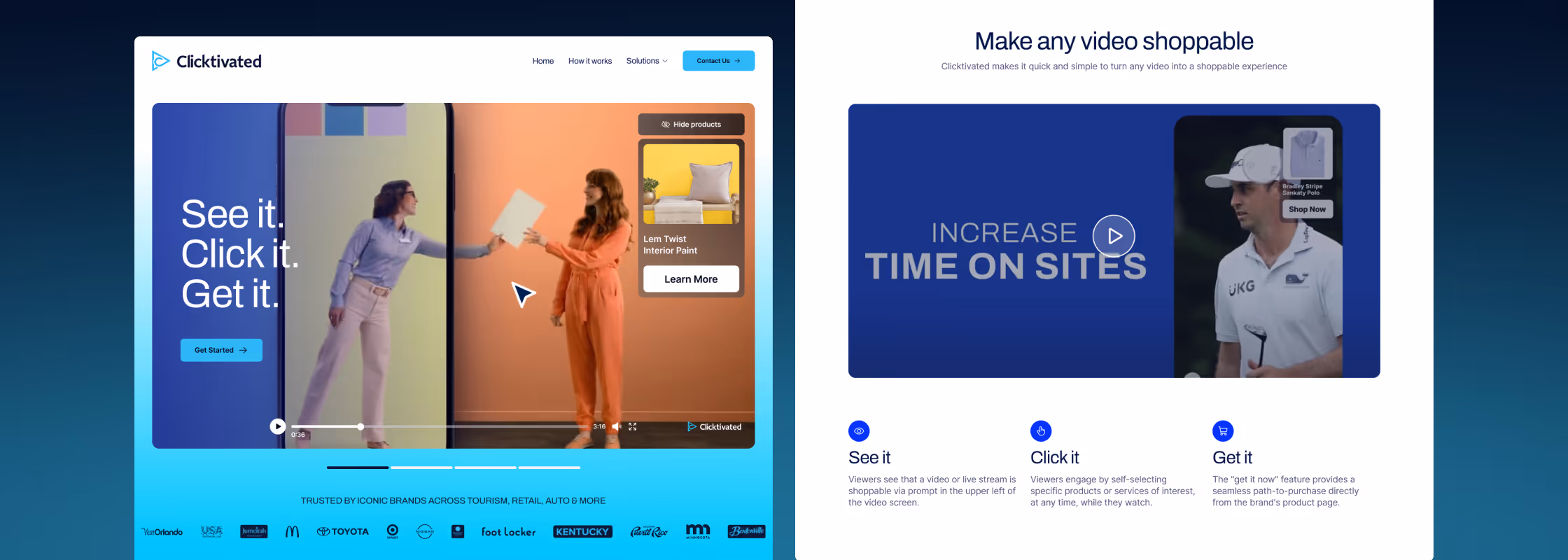 Website screenshot showing Clicktivated's interface with two women interacting and shoppable product overlay, alongside text explaining how the video platform increases time on sites and enables viewers to see, click, and get products directly from videos.