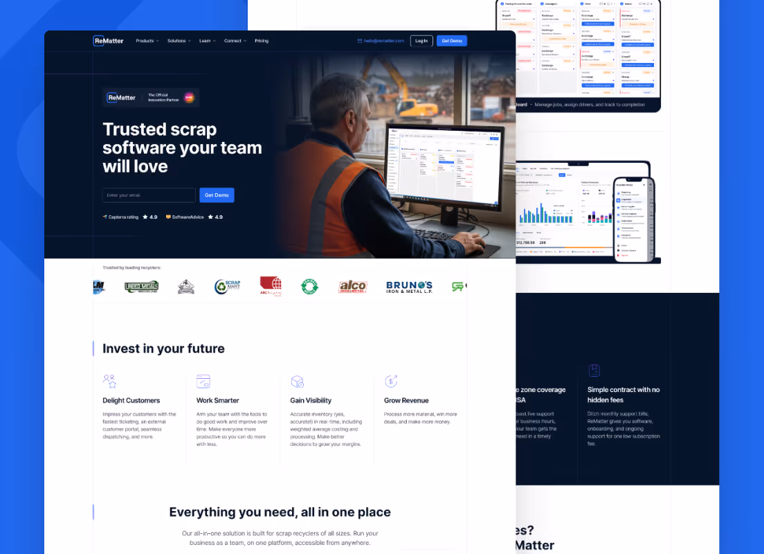 Website homepage for ReMatter scrap software showing a man in a safety vest using a desktop computer, with text highlighting trusted scrap software, customer benefits, and client logos.