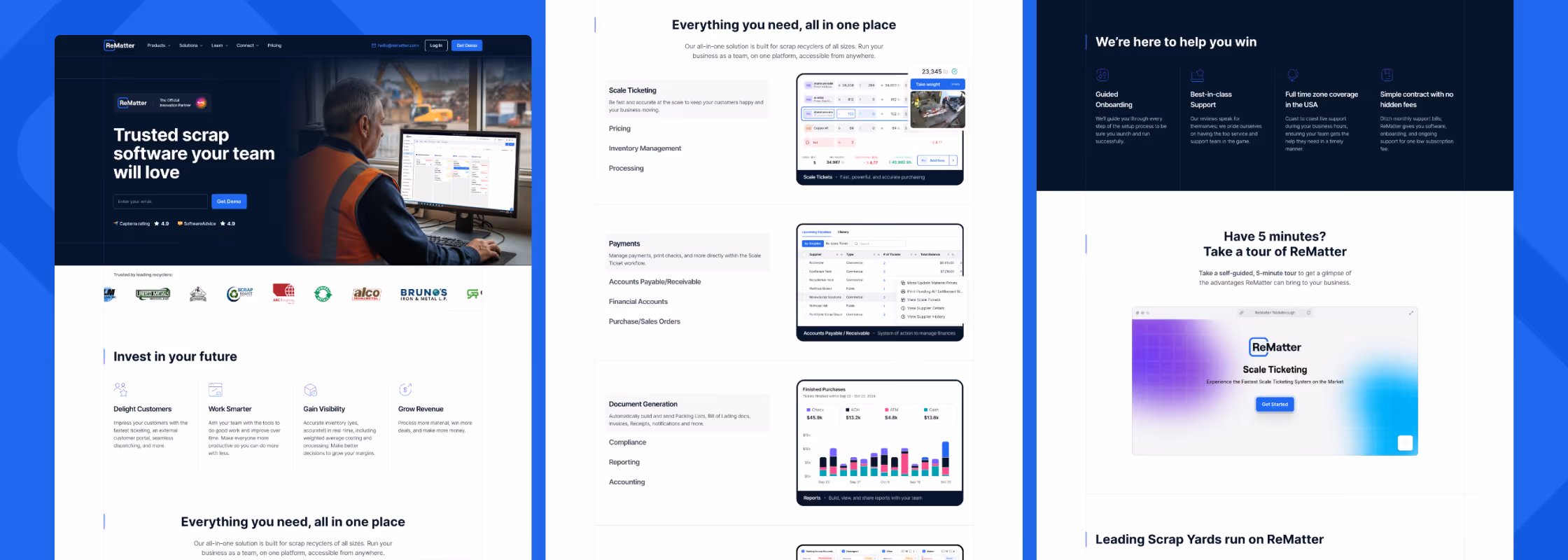 ReMatter website homepage showing trusted scrap software, features like scale ticketing and payments, and an invitation to take a 5-minute self-guided product tour.