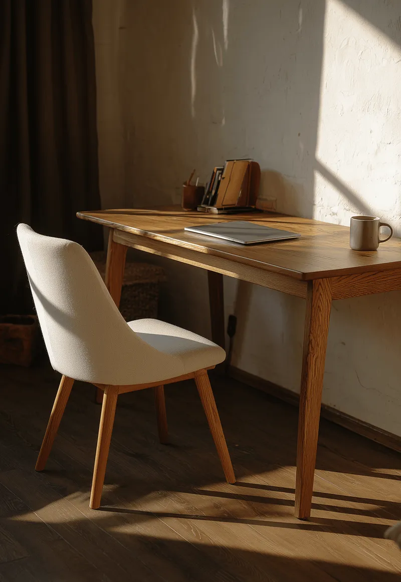 A wooden desk and chair illuminated by natural sunlight from the side, showcasing warm textures and thoughtful architectural lighting design.