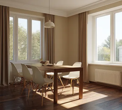 A stylish dining room with six chairs and an expansive horizon view, emphasizing open-concept architecture that blends interior comfort with breathtaking scenery.