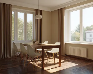 A stylish dining room with six chairs and an expansive horizon view, emphasizing open-concept architecture that blends interior comfort with breathtaking scenery.