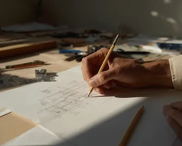 A hand sketching architectural lines on paper, symbolizing creativity and the meticulous design process behind high-quality architecture.