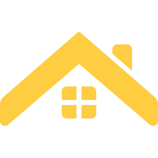 Yellow house roof icon with a chimney and a window with four panes.