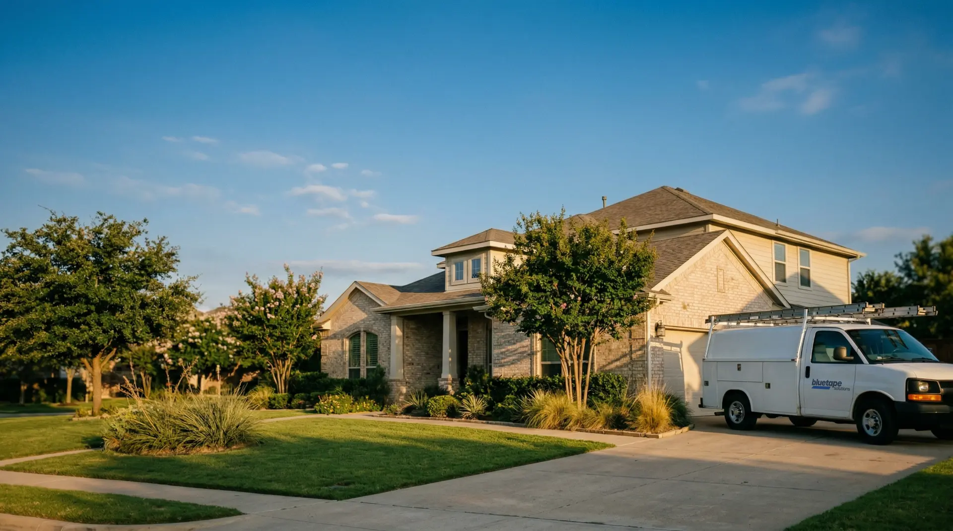 Residential house with beige brick exterior, trees, and a white Bluetape Solutions van parked in the driveway.
