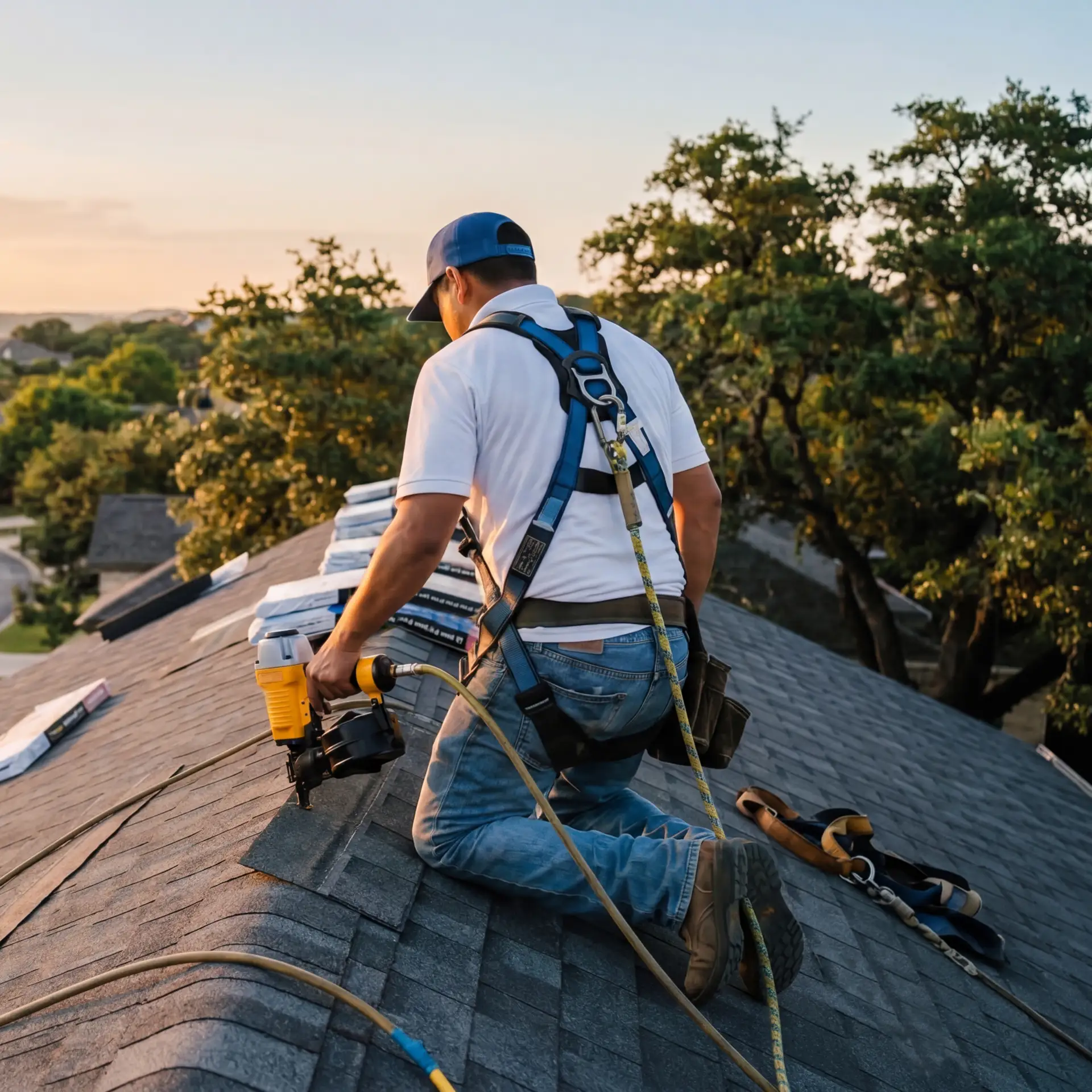 A roofer wearing a safety harness kneeling on a roof while using a nail gun to install shingles at sunset.