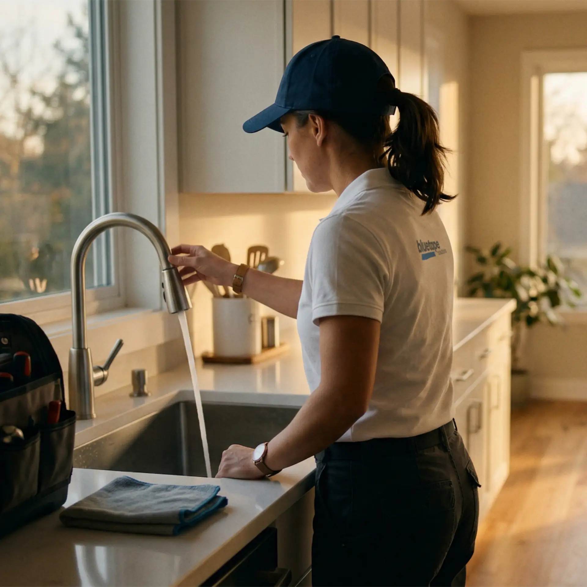 Woman in a blue cap and uniform testing running water from a kitchen faucet.