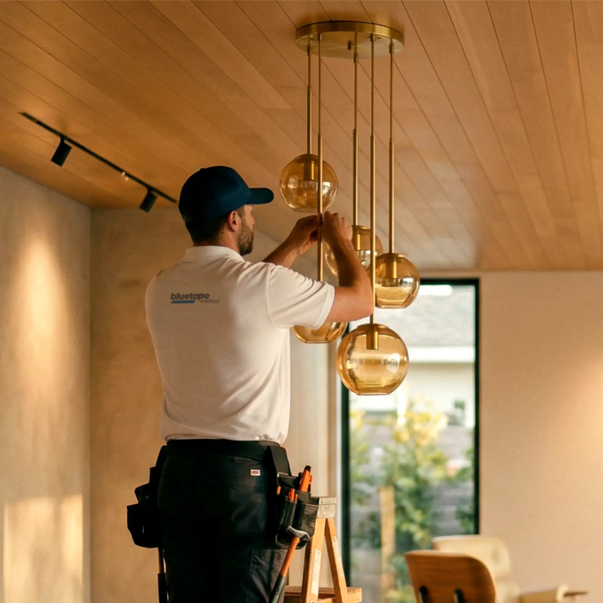 Electrician in a white shirt and navy cap installing a modern hanging light fixture indoors.