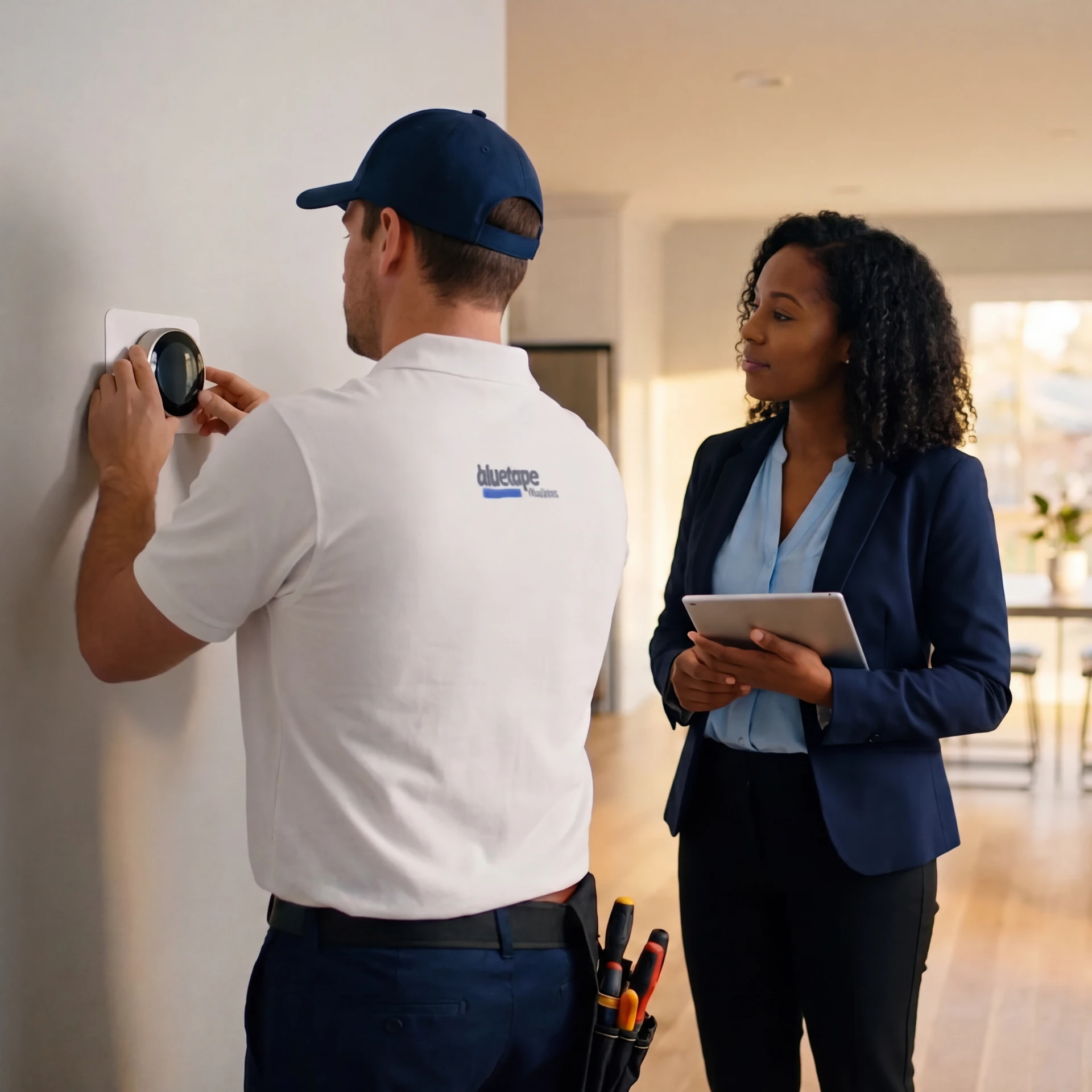 Technician in white polo and cap installing thermostat on wall while woman in business attire observes holding tablet.
