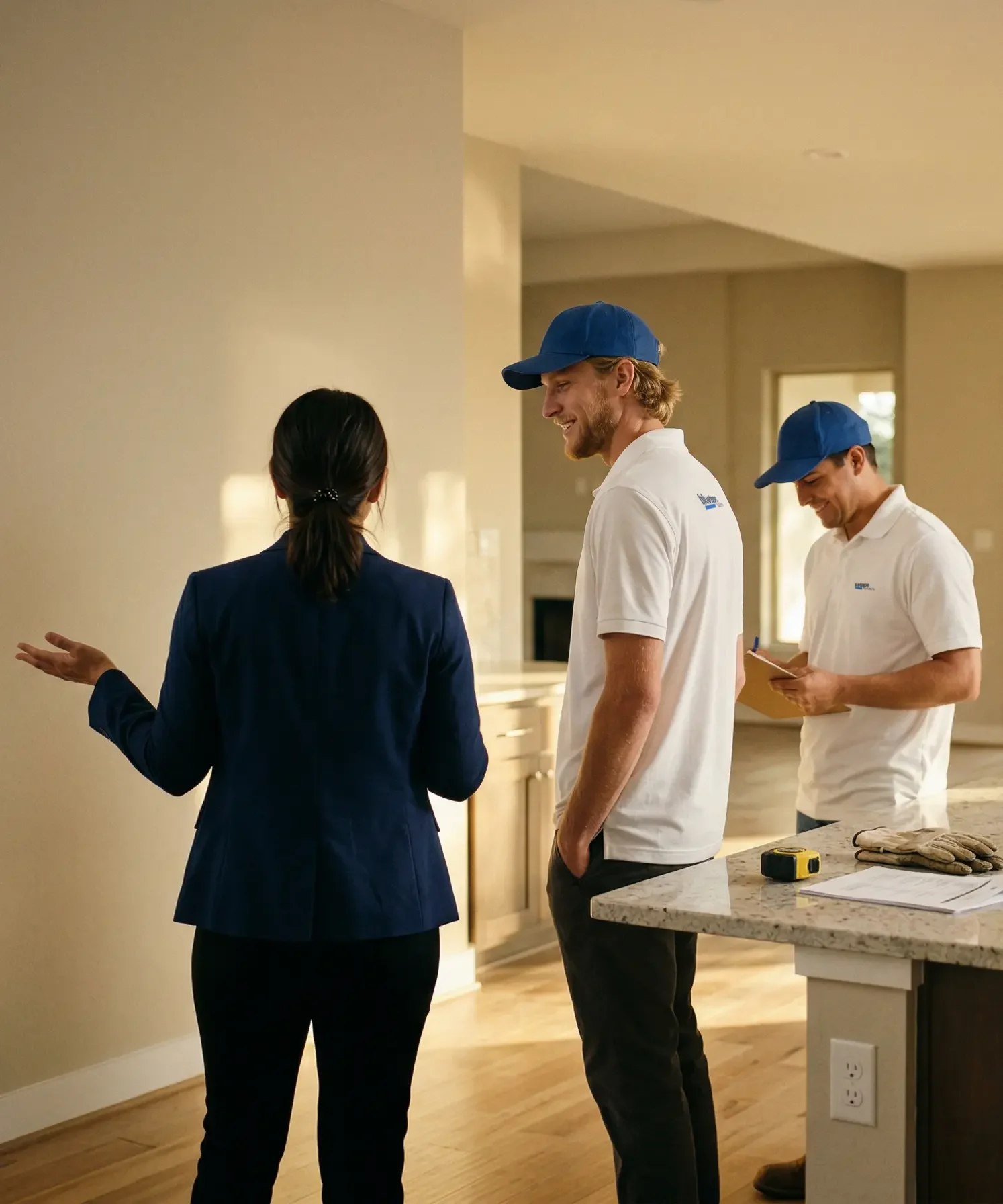 Two men in white polo shirts and blue caps talking with a woman in a navy blazer inside a modern kitchen.