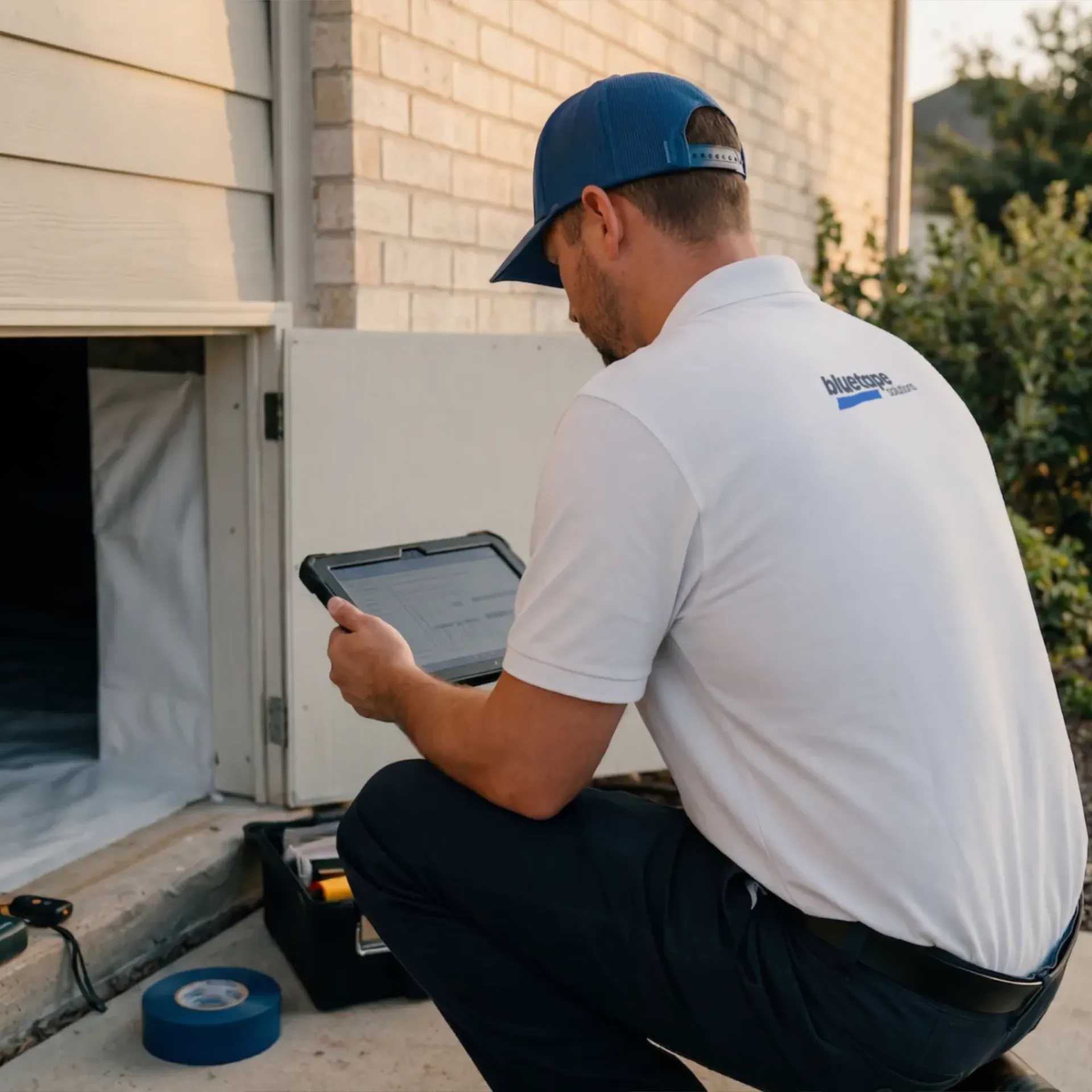 Worker in a blue cap and white polo shirt with Bluetape logo kneeling and reviewing a tablet near a house foundation access panel.