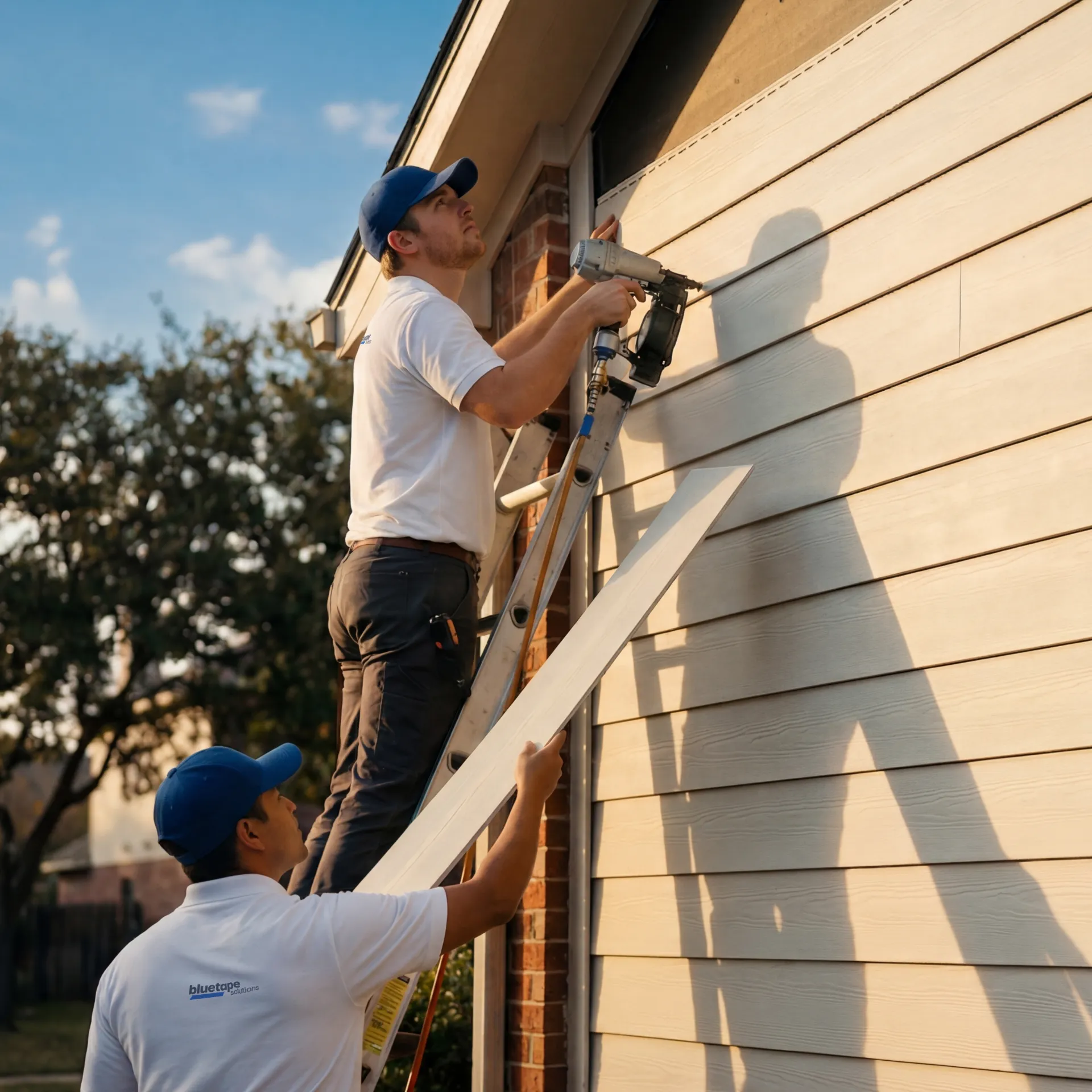Two workers installing beige siding on a house, one on a ladder using a nail gun and the other handing a siding panel.