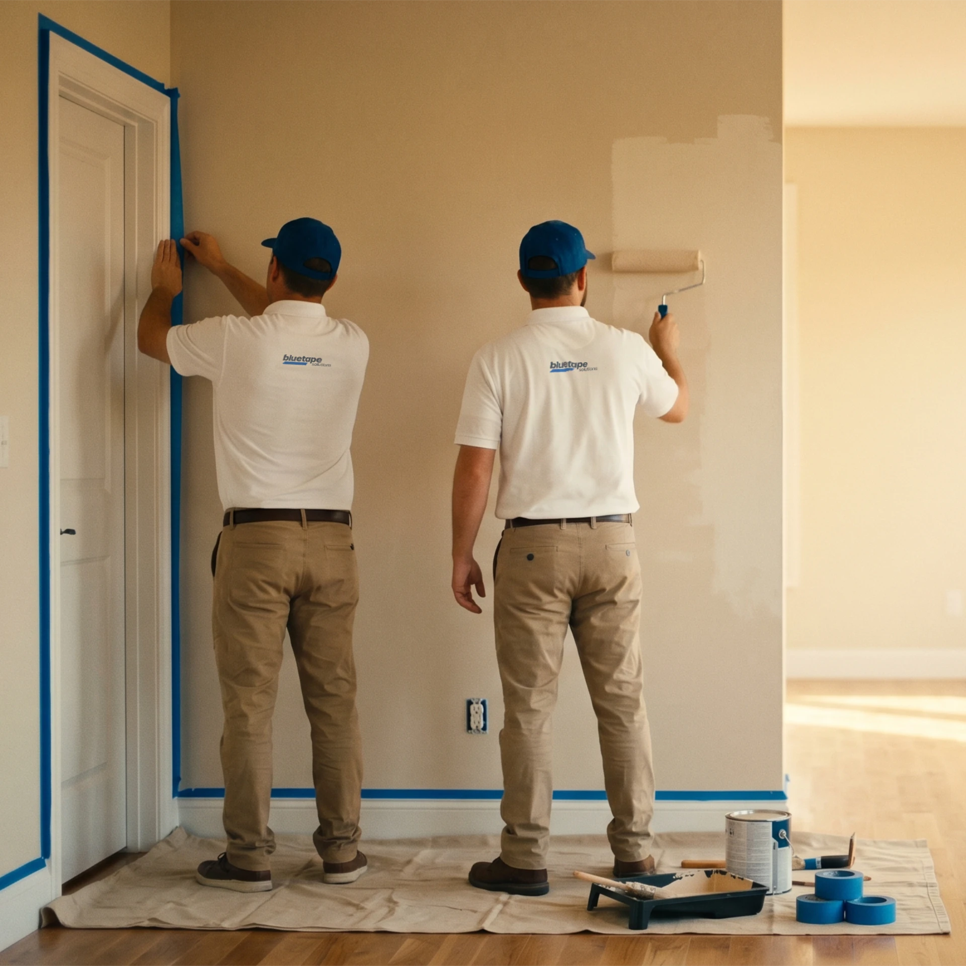 Two painters wearing white shirts and blue caps applying blue painter's tape and painting a beige wall indoors.