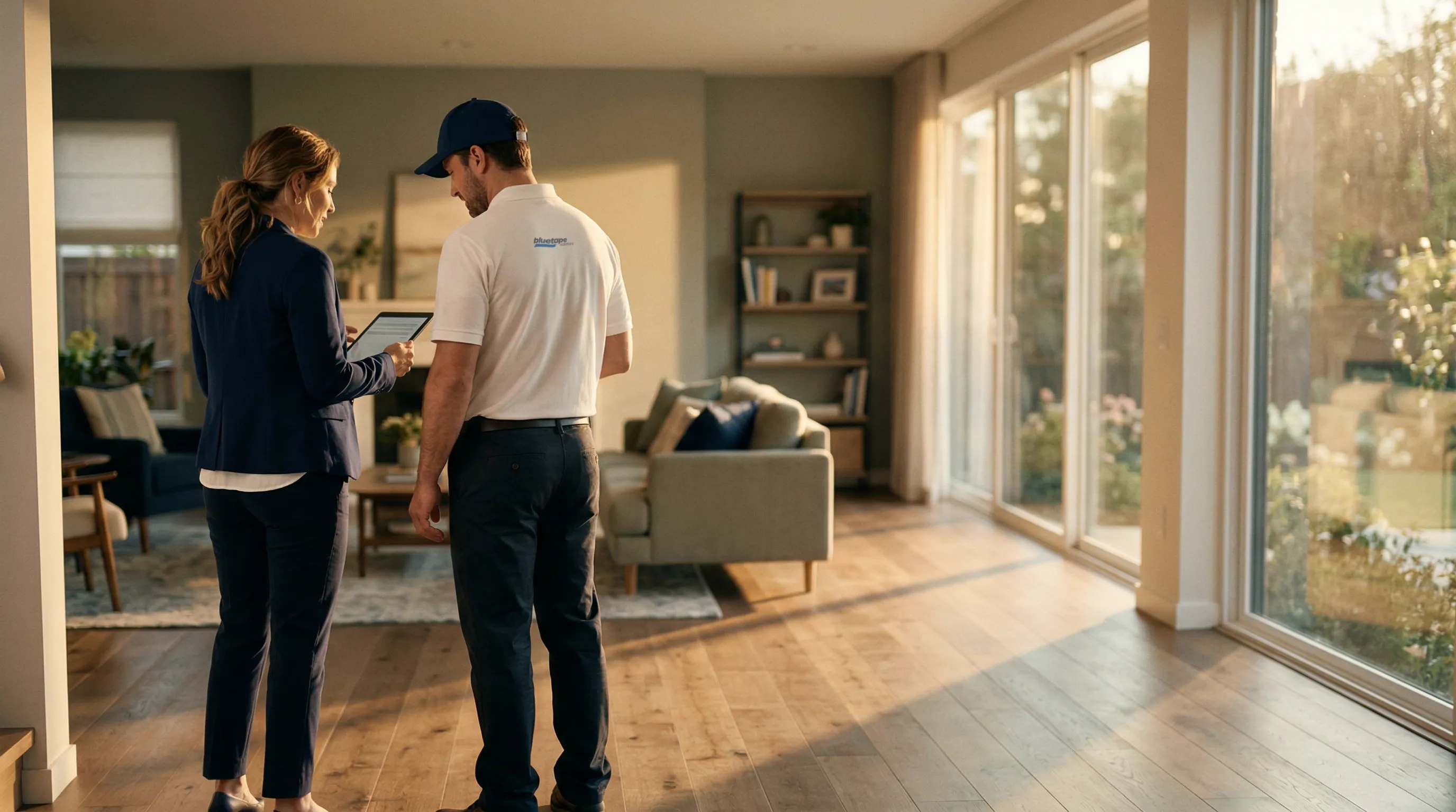 A woman in business attire and a man in a white polo and cap review a tablet together in a sunlit living room with wooden floors and large windows.