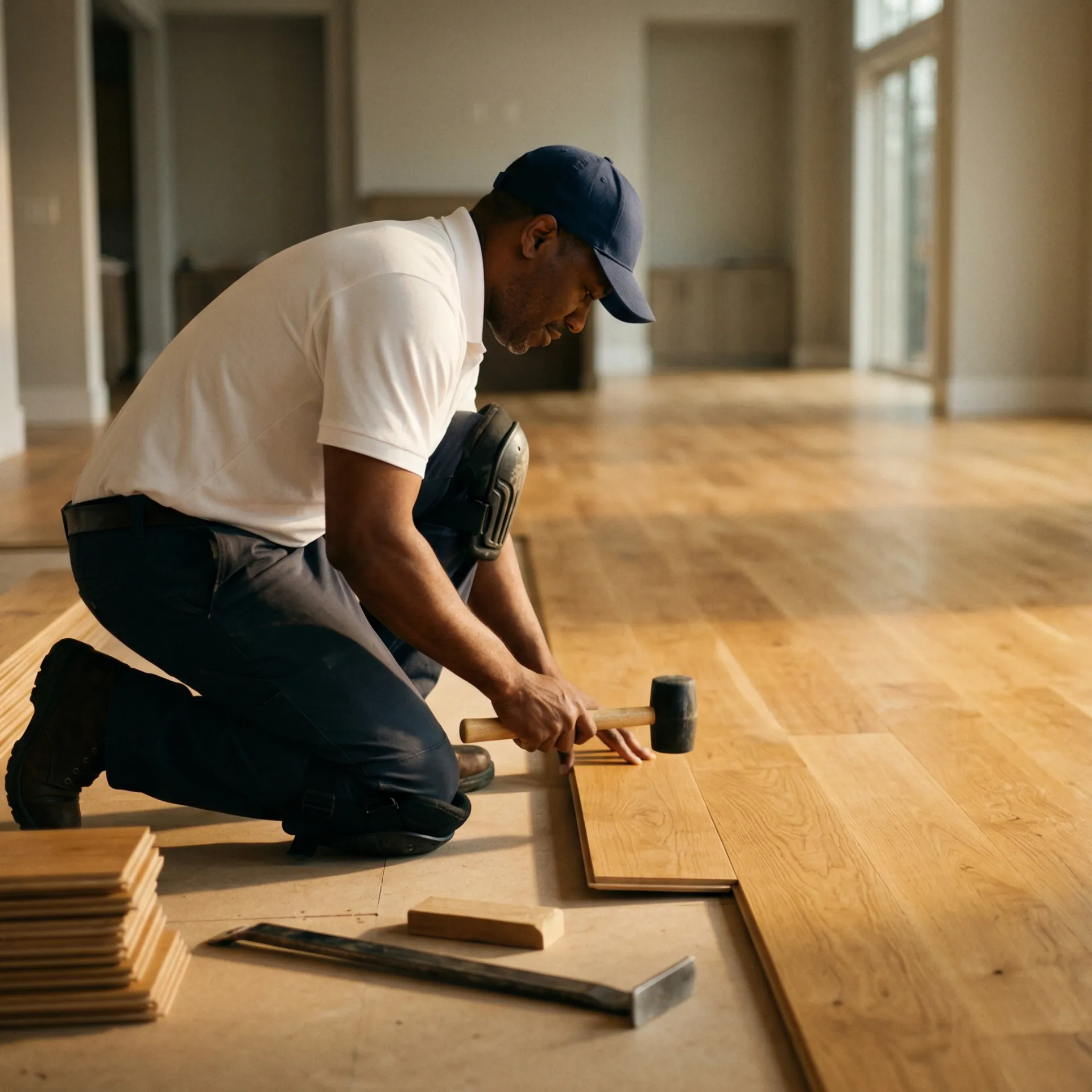 Worker kneeling and using a rubber mallet to install wooden flooring in a spacious room with natural light.