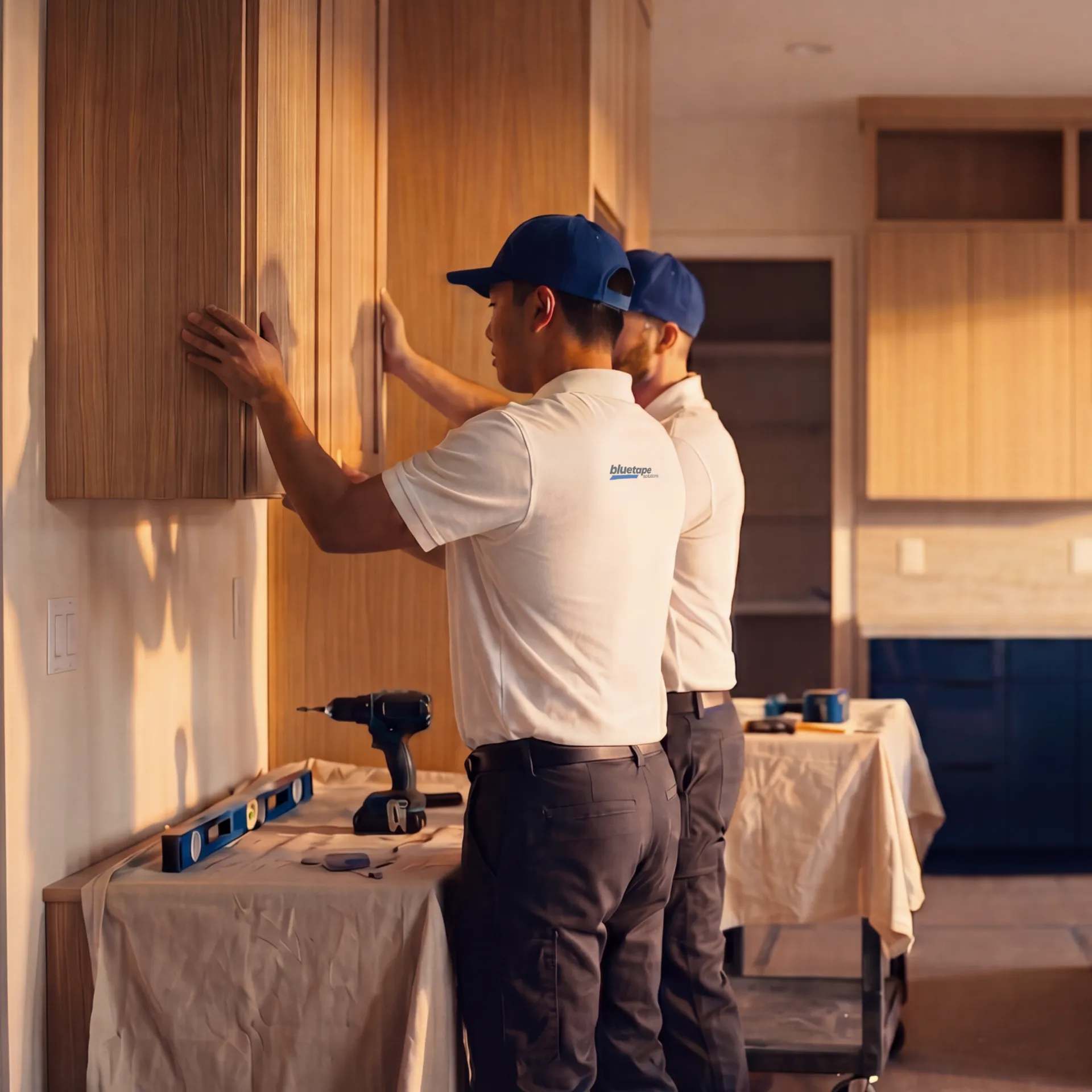 Two workers in white shirts and blue caps installing wooden cabinets in a kitchen under warm lighting.