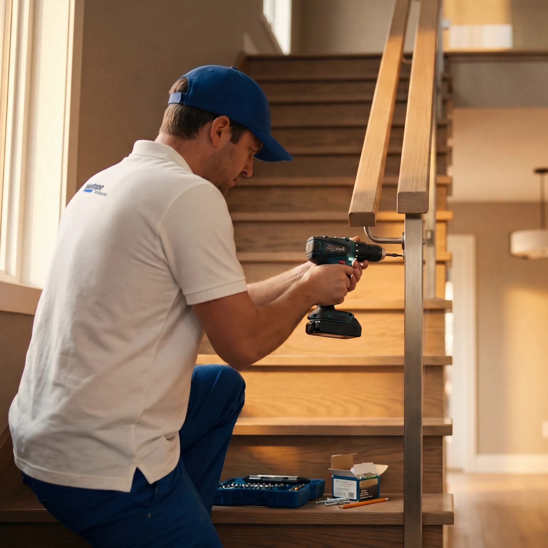 Man in uniform using a cordless drill to fix a wooden stair handrail inside a house.