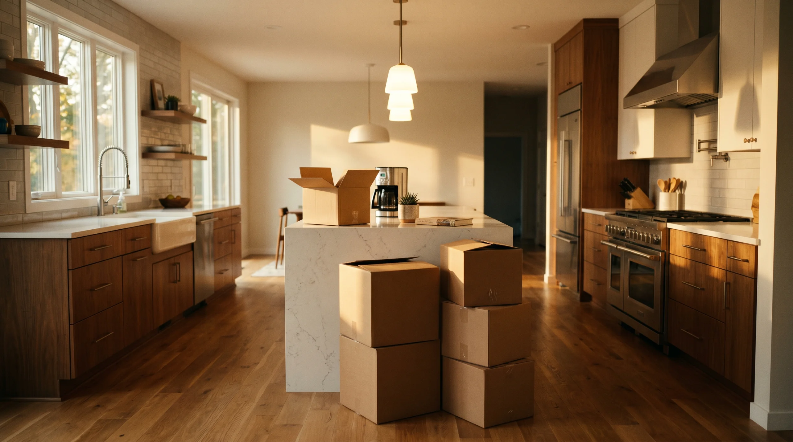 Modern kitchen with wooden cabinets, an island with a coffee maker and plant, and stacked moving boxes on the floor.