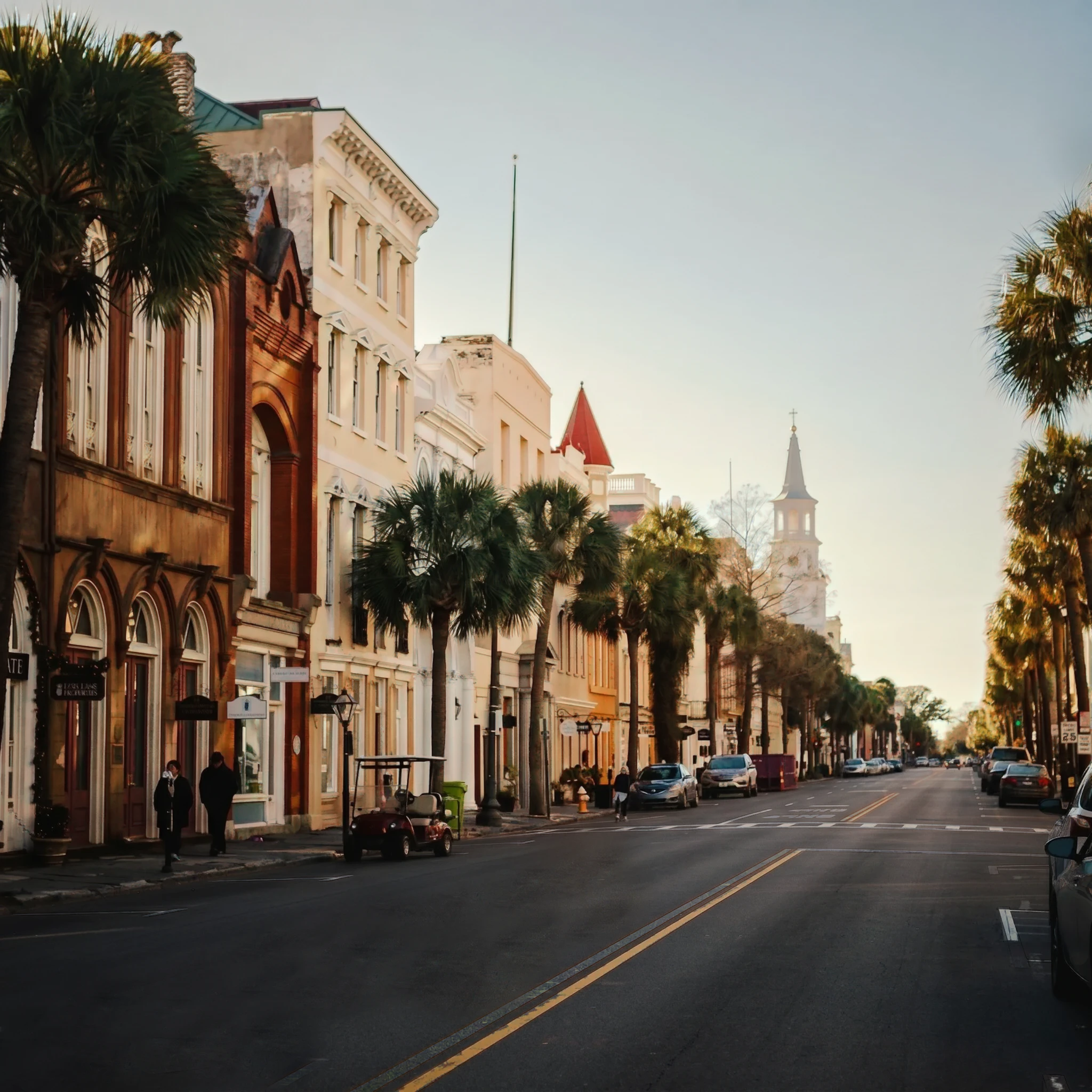 Wide street lined with palm trees and historic buildings under clear sky in a city.