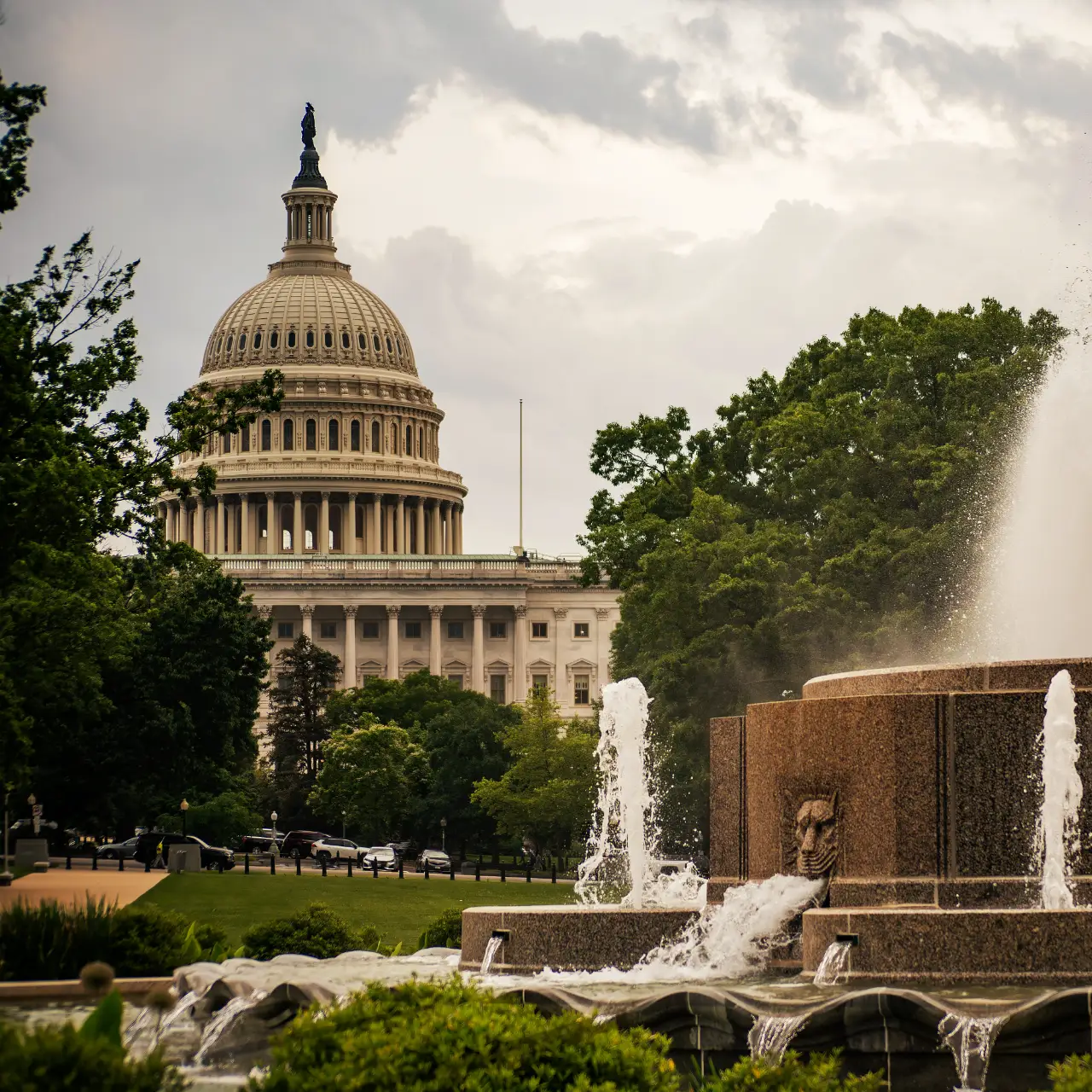 View of the United States Capitol dome with trees and a fountain in the foreground under a cloudy sky.