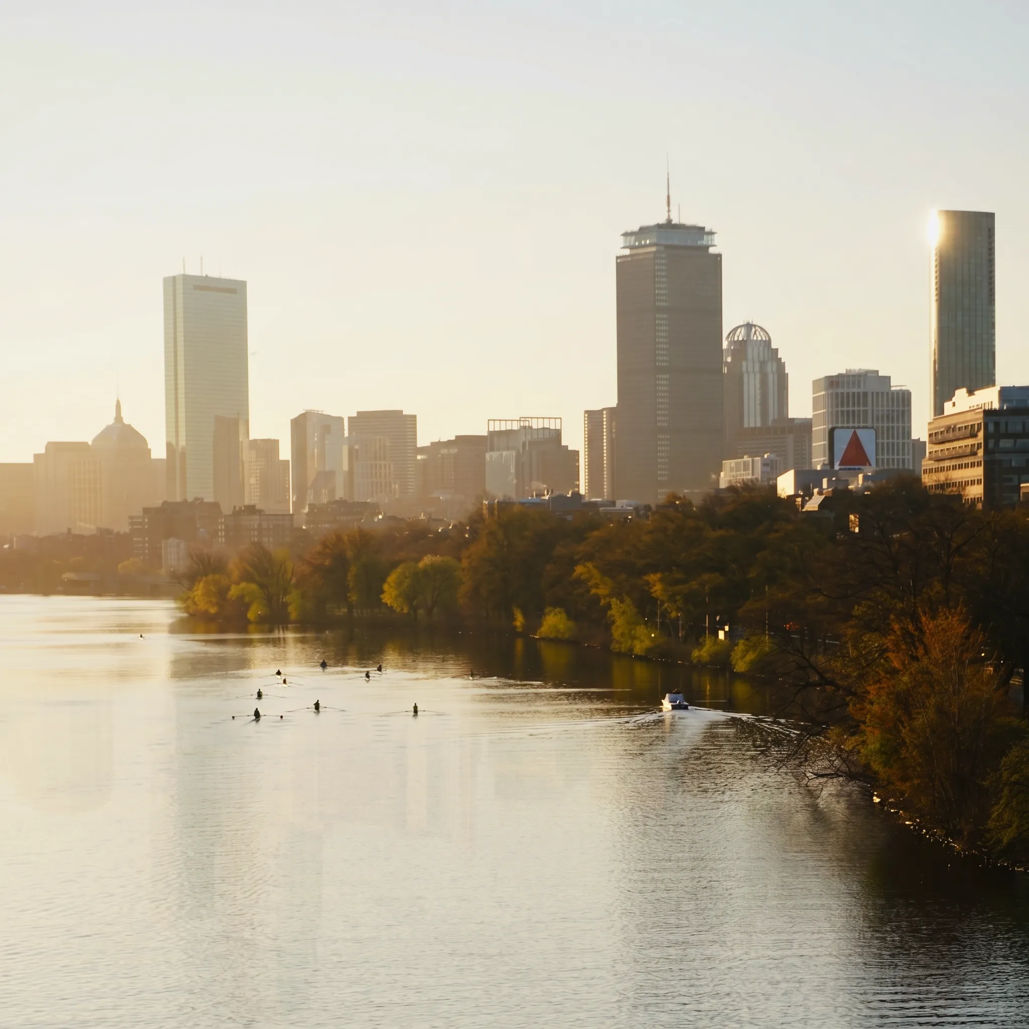 Boston skyline at sunset with rowers and a boat on the Charles River flanked by autumn trees.