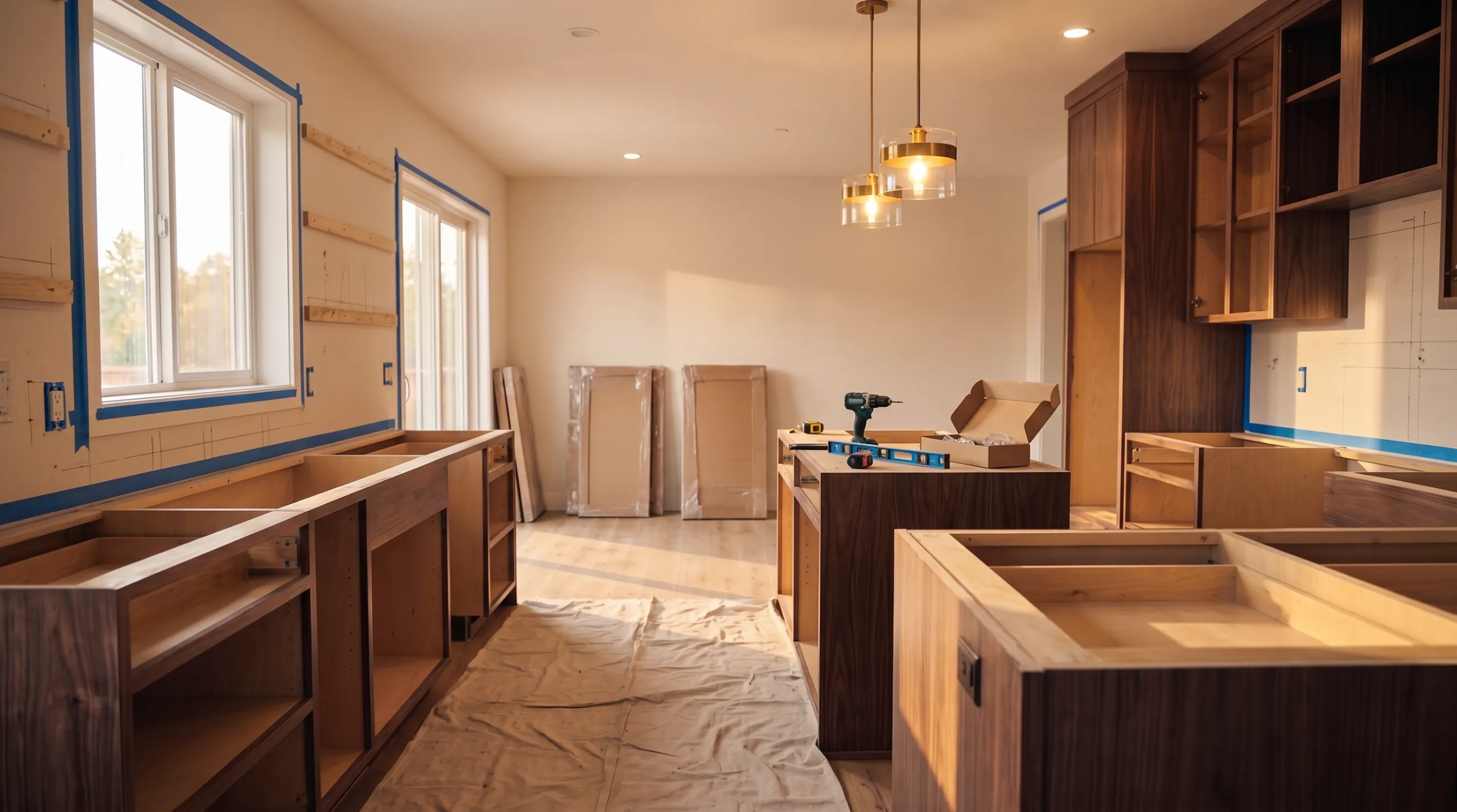 Unfinished kitchen with partially installed wooden cabinets and tools on a covered floor.