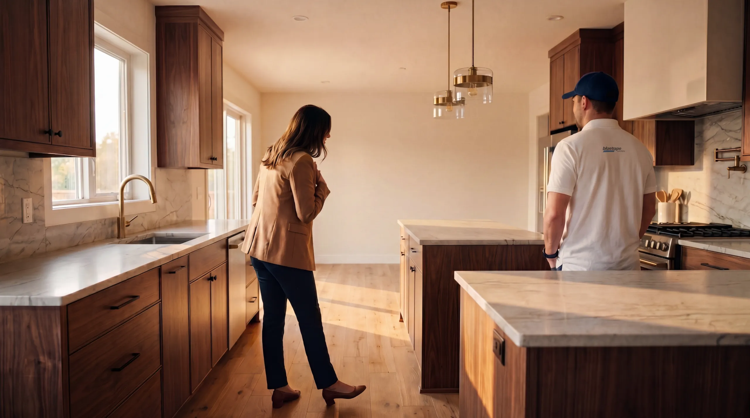 Two people inspecting a modern kitchen with wooden cabinets and marble countertops in natural light.