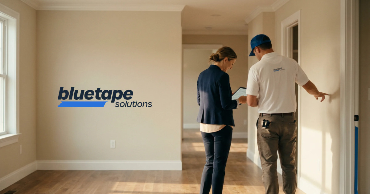 A man in a white polo and blue cap points to a wall while a woman in business attire reviews a tablet in an empty room with wood flooring and beige walls.