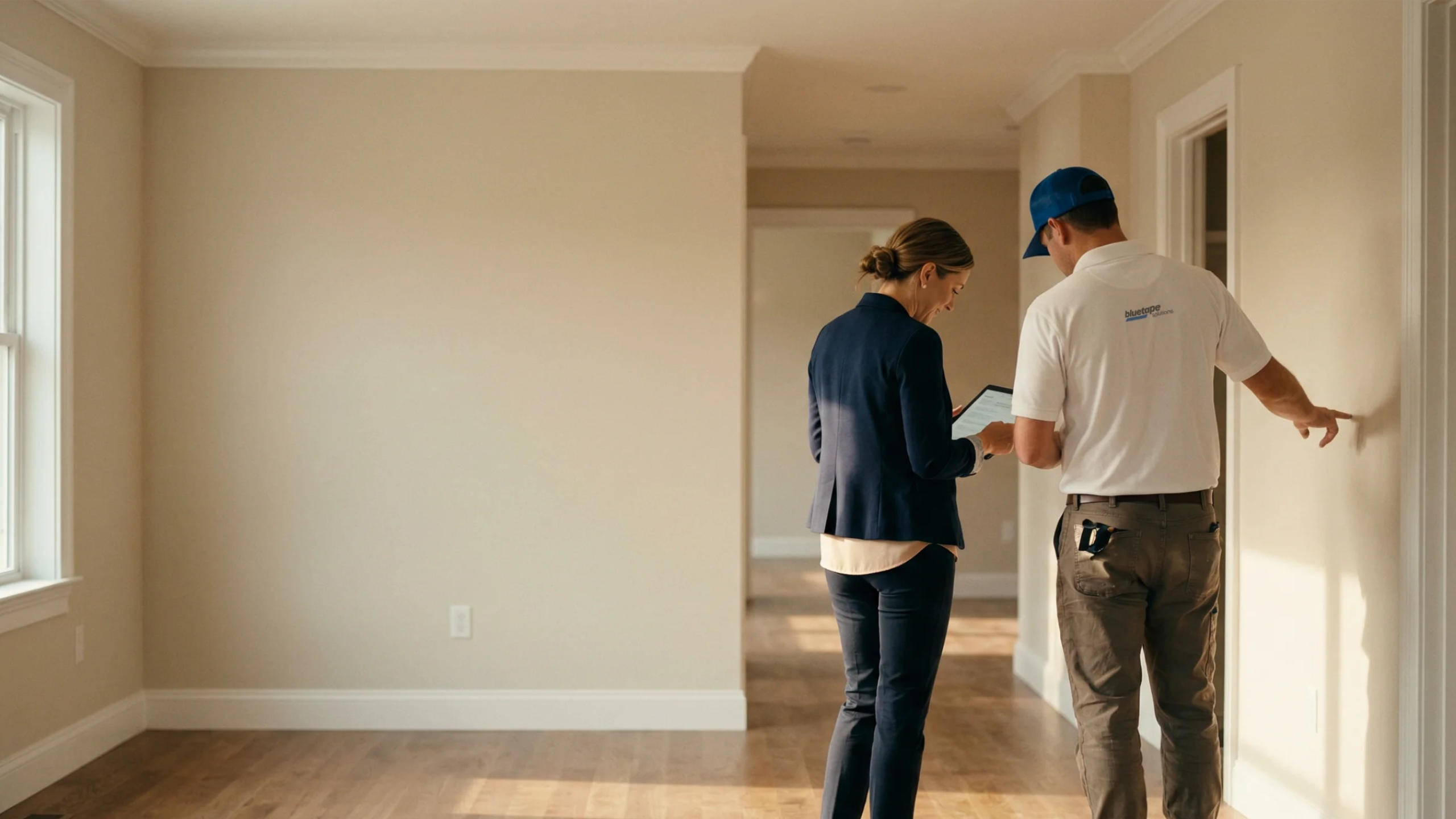Two people standing in an empty room with wooden floor, one holding a tablet, the other pointing at the wall.