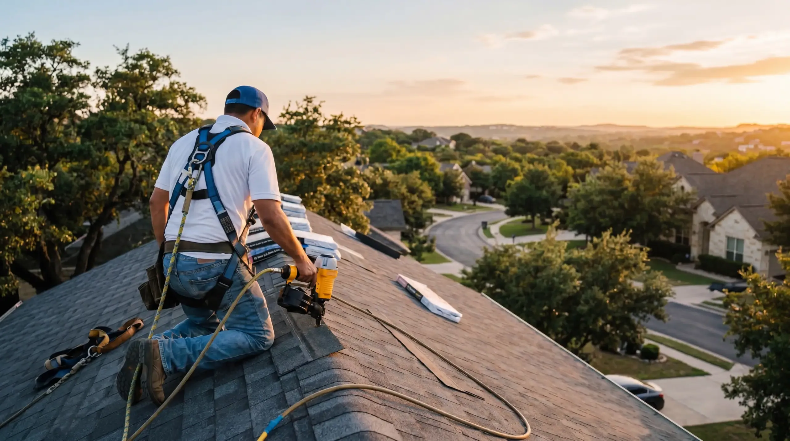 Construction worker wearing safety harness installing shingles on a residential roof at sunset.